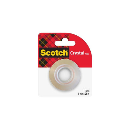 O rolă de bandă adezivă 3M Deutschland GmbH Scotch® Crystal, pachet de reumplere (19 mm x 25 m), prezintă o rolă de bandă adezivă transparentă cu un centru alb într-un ambalaj cu carouri pe care scrie "Scotch Crystal Tape", care conține o rolă.