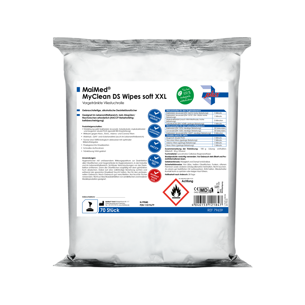 MaiMed MyClean DS Șervețele moi XXL - 70 de foi preînmuiate cu MaiMed MyClean DS | Pachet (70 de coli)
