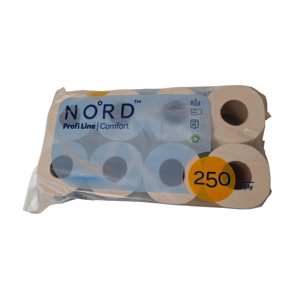 Eine in Kunststoff verpackte Packung mit acht CUP UP d.o.o. "Toilettenpapier"-Rollen, jeweils 3-lagig mit 250 Blatt pro Rolle, aus Zellulose. Weiße und blaue Verpackung; erhältlich als Karton mit 8 Packungen.