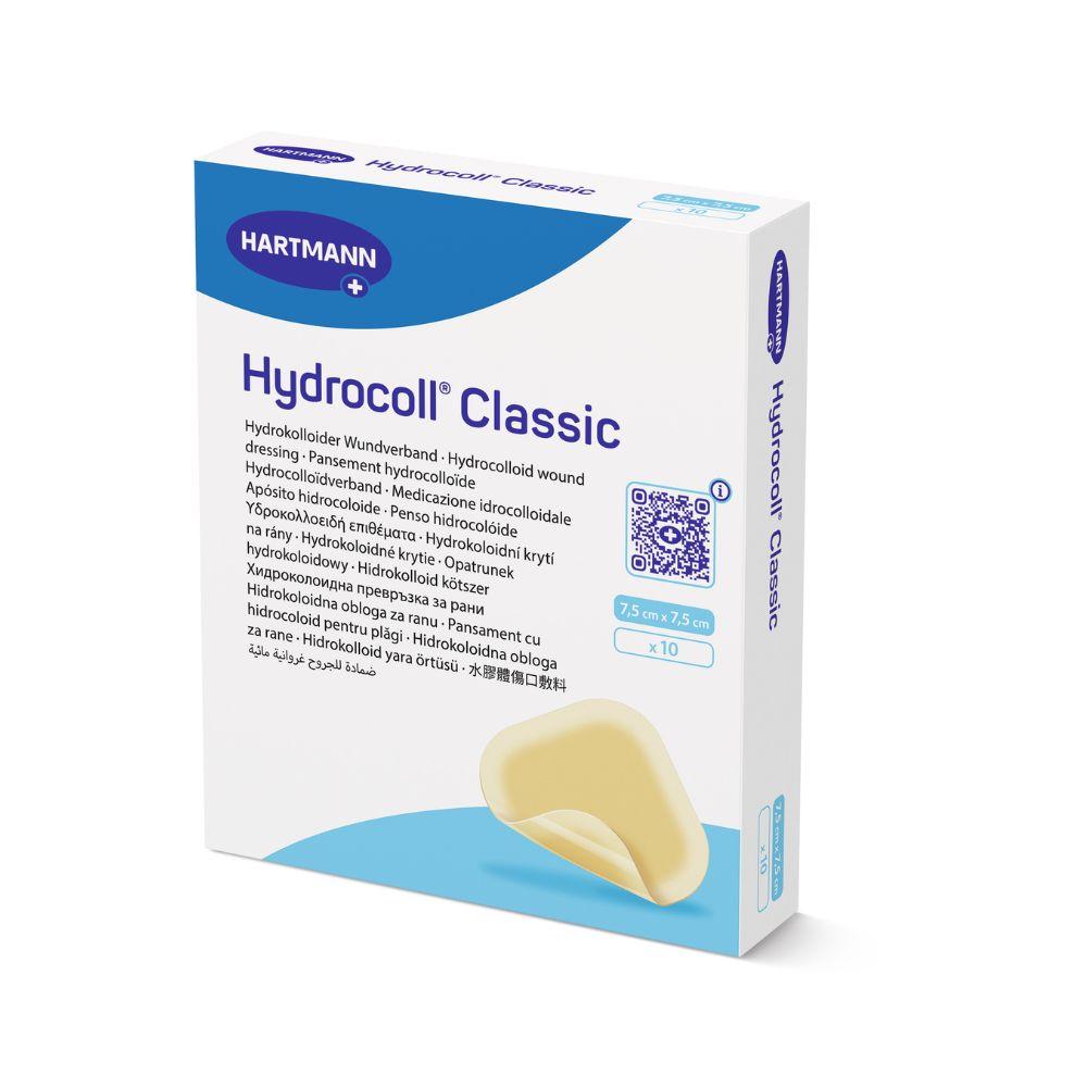O cutie albă de bandaj steril Hydrocoll Classic de la Paul Hartmann AG, 7,5 x 7,5 cm, pachet de 10, cu text multilingv și imaginea unui bandaj gălbui pentru tratamentul umed al rănilor pe partea din față.