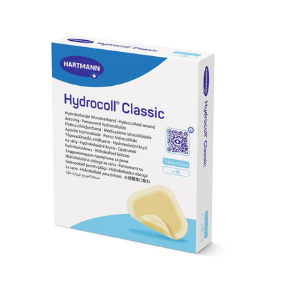 O cutie albă de bandaj steril Hydrocoll Classic de la Paul Hartmann AG, 7,5 x 7,5 cm, pachet de 10, cu text multilingv și imaginea unui bandaj gălbui pentru tratamentul umed al rănilor pe partea din față.