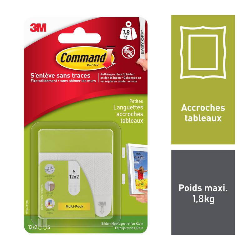 Un pachet de benzi de montare pentru imagini Command™ mici albe S 17202FGN de la 3M Deutschland GmbH conține 12 benzi pentru agățarea imaginilor (max. 1,8 kg), cu instrucțiuni în franceză, imagini de produs și date tehnice pe partea dreaptă a ambalajului.
