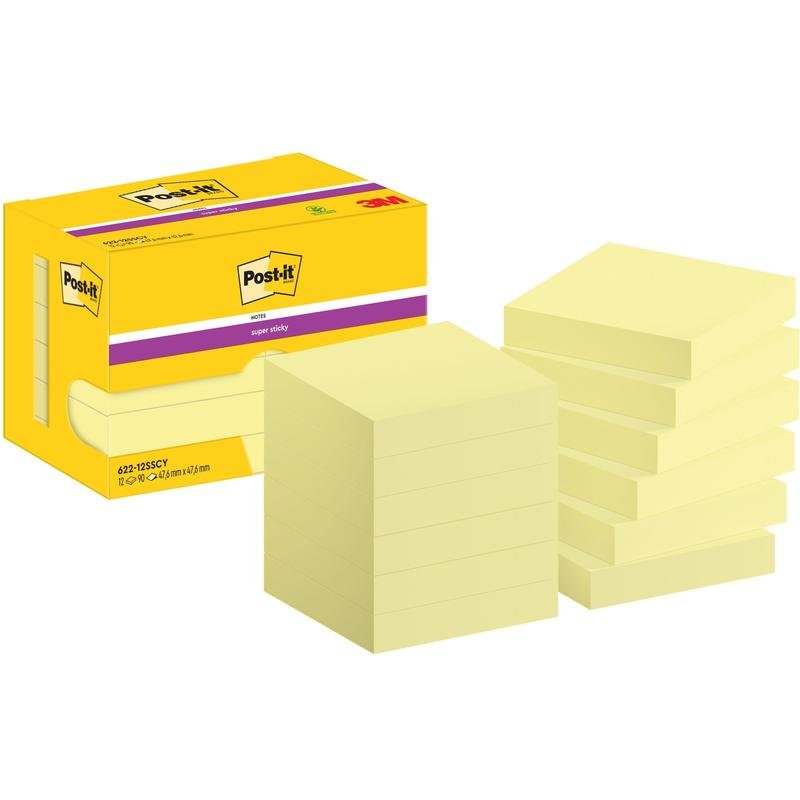 O cutie galbenă cu inscripția "Post-it® Super Sticky Notes, 47,6 mm x 47,6 mm, 90 foi/bloc, 100% PEFC" de la 3M Deutschland GmbH este ilustrată, lângă care se află nouă blocuri de notițe adezive galbene stivuite.