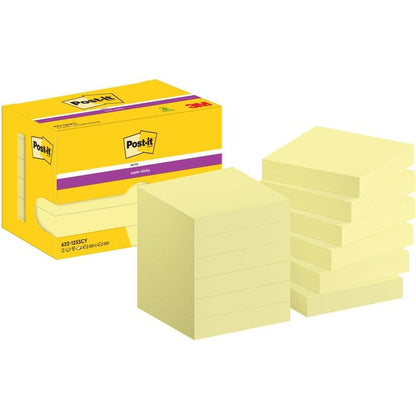 O cutie galbenă cu inscripția "Post-it® Super Sticky Notes, 47,6 mm x 47,6 mm, 90 foi/bloc, 100% PEFC" de la 3M Deutschland GmbH este ilustrată, lângă care se află nouă blocuri de notițe adezive galbene stivuite.