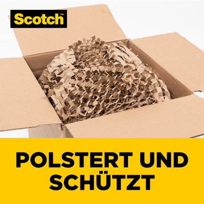 Ein mit Scotch™ Cushion Lock™ Schutzverpackung (30,4 cm x 9,14 m, 1 Rolle/Packung) gefüllter Karton der 3M Deutschland GmbH schützt empfindliche Gegenstände; unter dem Scotch-Logo steht in gelber Schrift "Polstert und schützt".