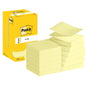 Imaginea arată un teanc de Post-it® Super Sticky Z-Notes Promotion, Galben (76 mm x 76 mm, 100 foi/bloc) de la 3M Deutschland GmbH cu ambalajul lor de carton. Cutia evidențiază logo-ul Post-it, iar o foaie este ușor ridicată.