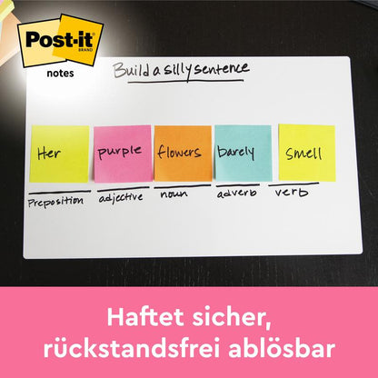 Pe o tablă albă sunt ilustrate cinci notițe Post-it® de la 3M Deutschland GmbH din Joyful Collection, cu care se poate forma o propoziție amuzantă. Textul german spune: "Aderă sigur, se îndepărtează fără reziduuri." Fiecare pachet conține 2 blocuri (fiecare cu 75 de foi), 100% PEFC.