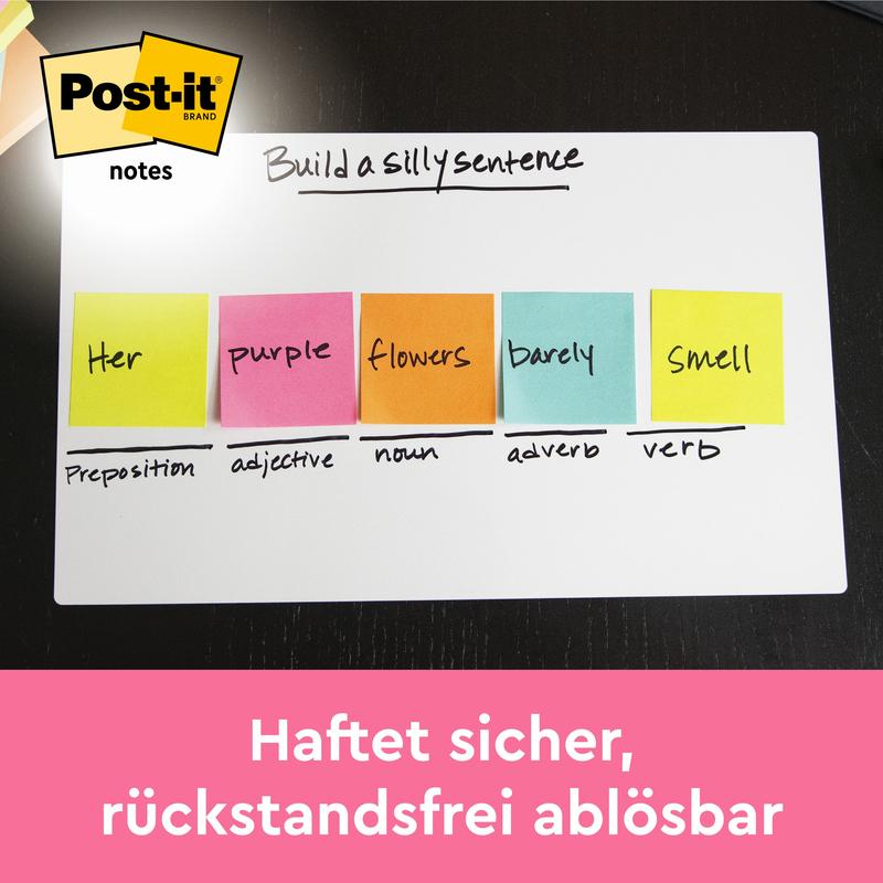 Un tablă albă arată cinci cuburi colorate de note Post-it® 3M Deutschland GmbH (76 x 76 mm, 450 foi, 100% PEFC) cu inscripții deasupra bulelor de dialog; dedesubt scrie: "Se lipesc sigur, se desprind fără urme."