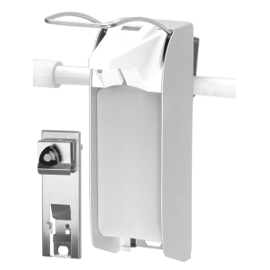 Der Dr. Schnell Rohrhalter für Euroflasche von DR.SCHNELL GmbH & Co. KGaA ist ein Wandzubehör aus Metall und Kunststoff für Spender, hier montiert auf einer horizontalen Schiene mit einer Nahaufnahme der Halterung in der unteren linken Ecke.