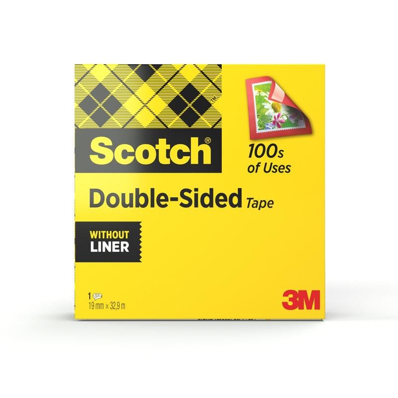 Cutia galbenă Scotch® bandă dublu adezivă, 1 rolă, 19 mm x 33 m de la 3M Deutschland GmbH este în carouri, cu "100s of Uses" și o imagine cu un timbru. Ideal pentru necesități de bricolaj, banda este fără suport.