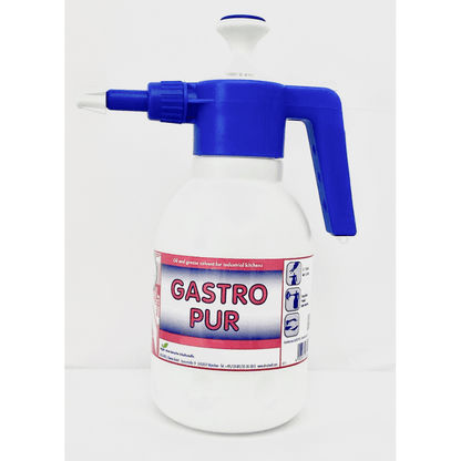 Un pulverizator alb DR.SCHNELL GmbH & Co. KGaA (1,5 L, golDozator) cu inscripția "GASTRO PUR" cu mâner albastru și duză, pentru îndepărtarea uleiului și grăsimilor în bucătării mari, cu instrucțiuni clare și ajutor practic de dozare.