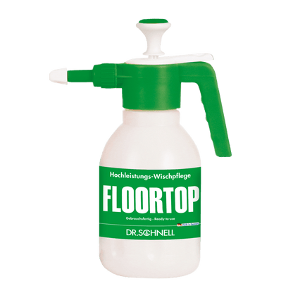 O sticlă spray din plastic alb Dr. Schnell pulverizator 1,5 litri de la DR.SCHNELL GmbH & Co. KGaA, cu pompă verde și duză, cu inscripția "FLOORTOP" cu litere mari și "DR. SCHNELL" în scriere germană la bază.