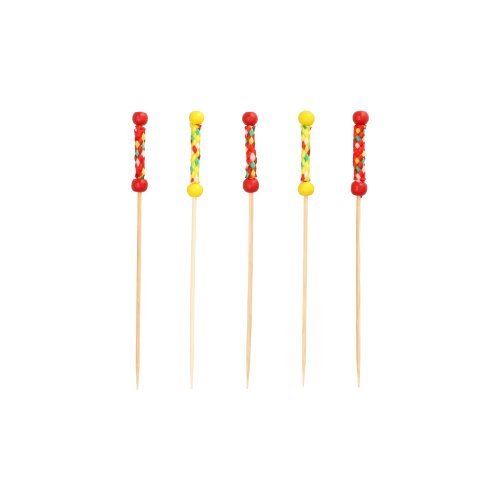 Cinci PAPSTAR 250 de scobitori Fingerfood de la PAPSTAR GmbH din lemn, biodegradabile, cu mărgele colorate și decorațiuni în roșu, galben și accente multicolore, aranjate vertical pe un fundal alb.
