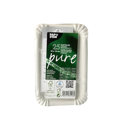 Un teanc de farfurii rotunde albe PAPSTAR din carton („pure“) în ambalaj conține 25 de farfurii ecologice de unică folosință (carton, marca PAPSTAR GmbH) cu simboluri de reciclare și inscripție verde pe față.