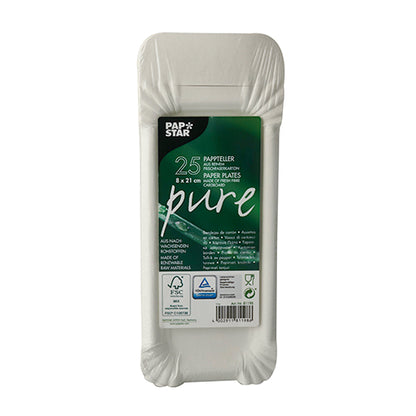 Un set de 25 de farfurii rotunde albe de unică folosință din carton durabil de la PAPSTAR GmbH, seria „Pure“, în ambalaj predominant alb cu etichetă verde cu detalii despre produs în mai multe limbi.