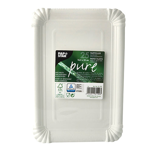 Un teanc de 25 de farfurii rotunde albe PAPSTAR de unică folosință din carton, linia de produse „pure“, ecologice și reciclabile, în ambalaj cu etichetă verde-neagră de la PAPSTAR GmbH.