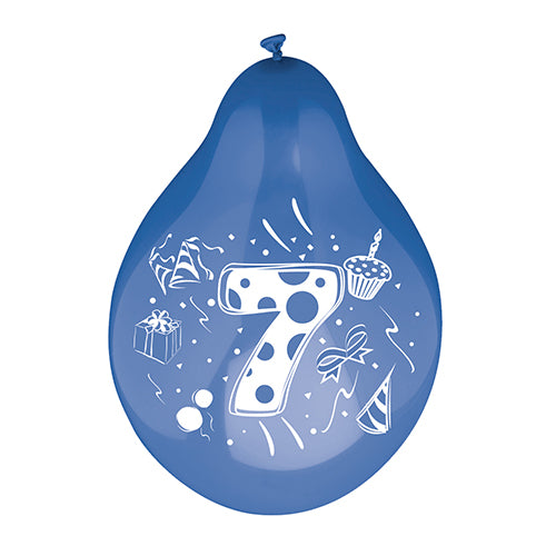 Die PAPSTAR 6 Zahlenluftballons Ø 25 cm farbig sortiert von der PAPSTAR GmbH umfassen bunte Zahlenluftballons mit weißen Cupcake-, Geschenkbox-, Konfetti-, Schleifen- und Partyhut-Motiven.