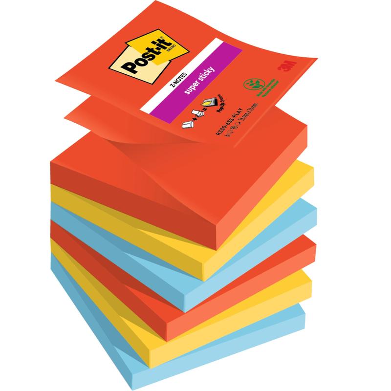 Un teanc de 3M Post-it® Super Sticky Z-Notes, colecția Boost (76x76mm, 90 foi/bloc, certificat PEFC), arată nota de deasupra cu informații despre produs. Culorile sunt roșu, galben și albastru.