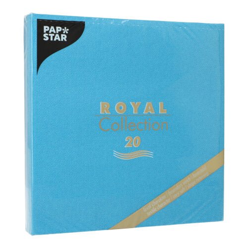 O ambalare pătrată albastră de la PAPSTAR GmbH cu inscripția „20 de șervețele ROYAL Collection 1/4-pliu 40x40 cm” conține 20 de șervețele, ideale pentru decorarea mesei, ambalate în plastic transparent.