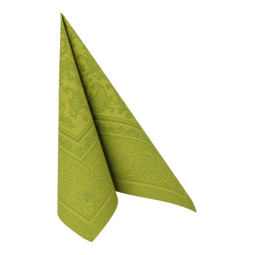 Șervețelul verde pliat PAPSTAR 50 șervețele "ROYAL Collection" 1/4-pliate 40 x 40 cm al PAPSTAR GmbH stă vertical pe un fundal alb și își arată eleganța discretă pentru orice masă așezată.