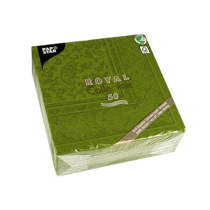 Un pachet verde PAPSTAR GmbH 50 șervețele "ROYAL Collection" 1/4-pliate, 40 x 40 cm, cu un design floral discret și etichete ecologice - ideal pentru ocazii festive.