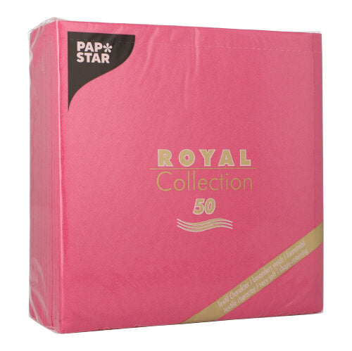 Un pachet fuchsia PAPSTAR de 50 de șervețele „ROYAL Collection” 1/4-Falz (40 x 40 cm) de la PAPSTAR GmbH, sigilat în plastic pentru prospețime.