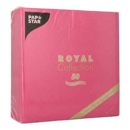 Un pachet fuchsia PAPSTAR de 50 de șervețele „ROYAL Collection” 1/4-Falz (40 x 40 cm) de la PAPSTAR GmbH, sigilat în plastic pentru prospețime.