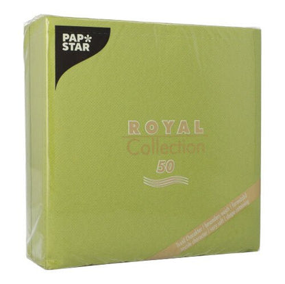 O cutie pătrată verde, din plastic, cu inscripția "PAPSTAR 50 șervețele 'ROYAL Collection' 1/4 pliat 40 x 40 cm verde" de la PAPSTAR GmbH este decorată cu un text simplu alb și auriu și conține 50 de șervețele.
