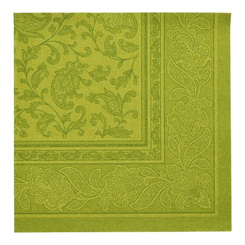 Șervețel pătrat verde din colecția PAPSTAR 20 „ROYAL Collection” (40 x 40 cm, pliere 1/4) de la PAPSTAR GmbH cu o bordură elegantă paisley și de frunze - ideal pentru o decorare stilată a mesei.