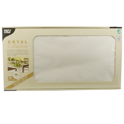 O cutie bej a PAPSTAR GmbH cu inscripția „ROYAL Collection“ conține 20 de fețe de masă din țesătură albă (80 x 80 cm), parțial vizibile printr-o fereastră frontală pe ambalaj.