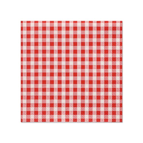 PAPSTAR 20 de șervețele de la PAPSTAR GmbH: șervețele pătrate cu 3 straturi, dimensiunea 25 x 25 cm, cu un model de carouri roșu-alb, fotografiat pe un fundal alb simplu.