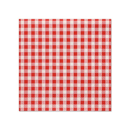 PAPSTAR 20 de șervețele de la PAPSTAR GmbH: șervețele pătrate cu 3 straturi, dimensiunea 25 x 25 cm, cu un model de carouri roșu-alb, fotografiat pe un fundal alb simplu.