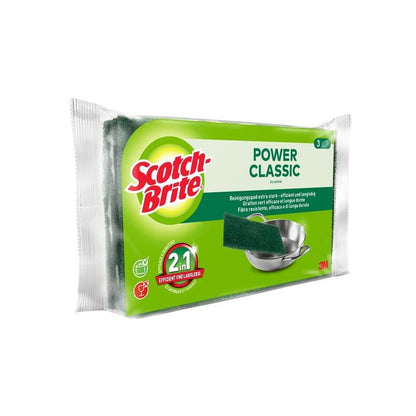 Un pachet de 3 bureți abrazivi Scotch-Brite® Classic de la 3M Deutschland GmbH, cu lavete abrazive verzi și ambalaj verde-alb - ideal pentru curățarea diverselor suprafețe.