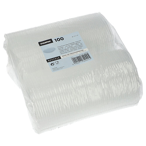Un pachet transparent, învelit în folie, cu 100 de capace Starpak pentru pahare de ambalare (rotund, Ø10,1 cm, 0,8 cm) din PP. Eticheta afișează detalii despre produs, cod de bare și simboluri de reciclare.