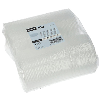 Un pachet transparent, învelit în folie, cu 100 de capace Starpak pentru pahare de ambalare (rotund, Ø10,1 cm, 0,8 cm) din PP. Eticheta afișează detalii despre produs, cod de bare și simboluri de reciclare.