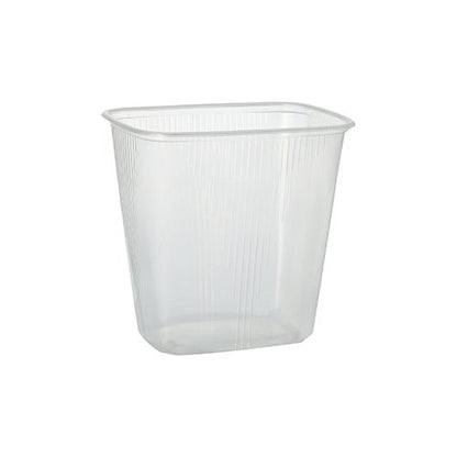 Paharul de ambalare Starpak 100, PP pătrat transparent, este un recipient clar de 250 ml, dreptunghiular, cu margini ușor rotunjite și caneluri verticale - perfect pentru depozitarea alimentelor. Afișat aici pe un fundal alb.