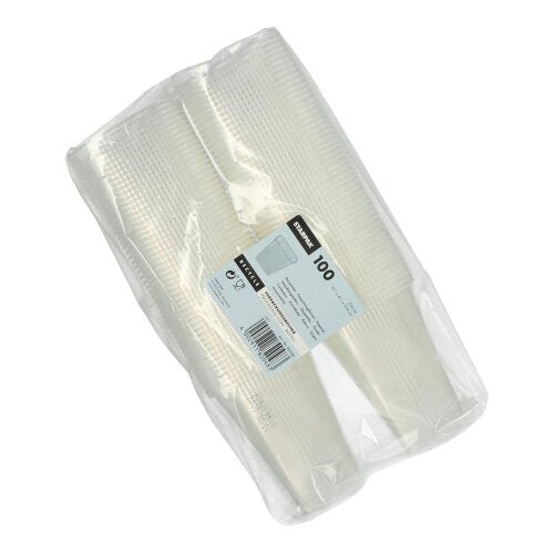 Este afișat un pachet sigilat cu 100 de pahare de ambalare Starpak, PP pătrat transparent (250 ml), cu o etichetă de produs albă - perfect pentru depozitarea alimentelor.