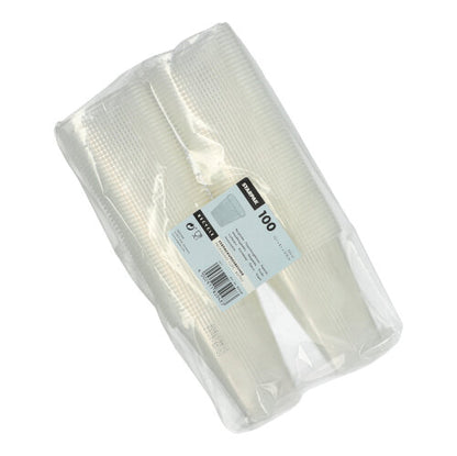 Este afișat un pachet sigilat cu 100 de pahare de ambalare Starpak, PP pătrat transparent (250 ml), cu o etichetă de produs albă - perfect pentru depozitarea alimentelor.