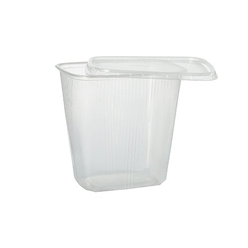 Paharul de ambalare Starpak 100 este un recipient clar, dreptunghiular, de 250 ml pentru alimente, din PP, cu capac potrivit, afișat ușor deschis pe un fundal alb simplu. Ideal pentru depozitarea alimentelor.
