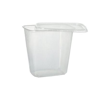 Paharul de ambalare Starpak 100 este un recipient clar, dreptunghiular, de 250 ml pentru alimente, din PP, cu capac potrivit, afișat ușor deschis pe un fundal alb simplu. Ideal pentru depozitarea alimentelor.