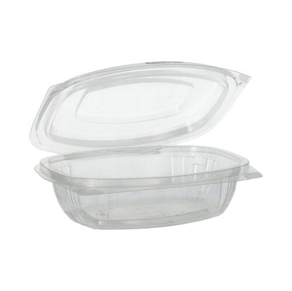 Cele PAPSTAR 50 de boluri pentru delicatese și salate cu capace rabatabile, PLA „pure“ clar de la PAPSTAR GmbH sunt prezentate deschise pe un fundal simplu alb, ideale ca ambalaj ecologic pentru delicatese, pentru a lua la pachet sau pentru depozitare.