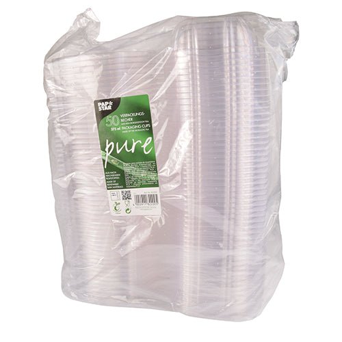 Un pachet sigilat cu 50 de boluri pentru delicatese și salate PAPSTAR cu capace rabatabile, „pure“ clar, fabricate de PAPSTAR GmbH, are proprietăți biodegradabile și compostabile PLA pentru o utilizare ecologică.