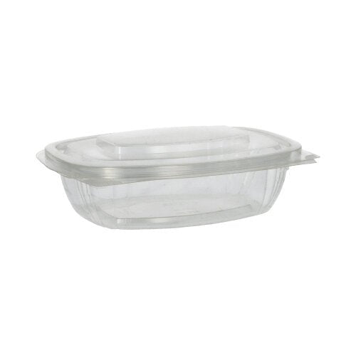 Cele PAPSTAR 50 de boluri pentru delicatese și salate cu capace rabatabile, PLA „pure“ clar de la PAPSTAR GmbH sunt recipiente alimentare transparente, dreptunghiulare, din PLA compostabil, prezentate pe un fundal alb; capacele sunt bine închise.