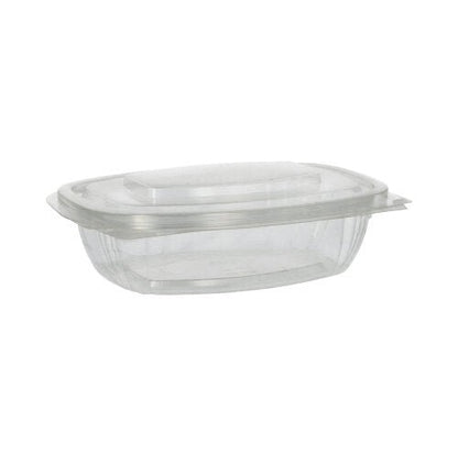 Cele PAPSTAR 50 de boluri pentru delicatese și salate cu capace rabatabile, PLA „pure“ clar de la PAPSTAR GmbH sunt recipiente alimentare transparente, dreptunghiulare, din PLA compostabil, prezentate pe un fundal alb; capacele sunt bine închise.