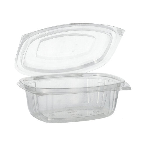Cele PAPSTAR 50 de boluri pentru delicatese și salate cu capace rabatabile, PLA „pure“ clar de la PAPSTAR GmbH sunt prezentate deschise și goale pe un fundal alb – o alegere excelentă pentru un ambalaj ecologic.