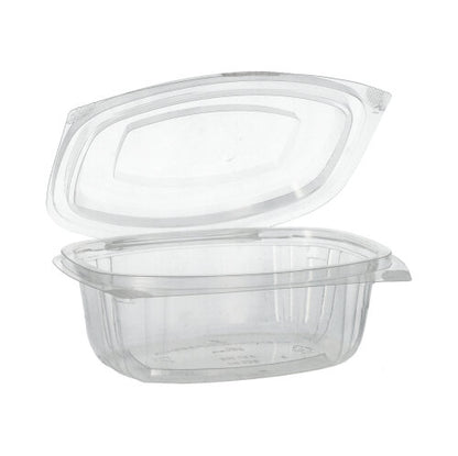 Cele PAPSTAR 50 de boluri pentru delicatese și salate cu capace rabatabile, PLA „pure“ clar de la PAPSTAR GmbH sunt prezentate deschise și goale pe un fundal alb – o alegere excelentă pentru un ambalaj ecologic.