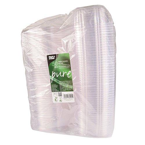 Un ambalaj din plastic transparent conține 50 de boluri pentru delicatese și salate PAPSTAR din PLA „pure“ clar cu capace rabatabile de la PAPSTAR GmbH, având o etichetă verde-albă pe partea din față cu informații despre produs.