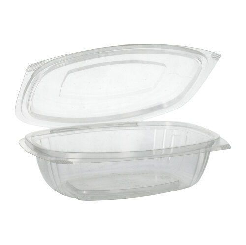 Cele PAPSTAR 50 de boluri pentru delicatese și salate cu capace rabatabile din PLA clar, compostabil, de la marca PAPSTAR GmbH sunt deschise și transparente pe un fundal alb.