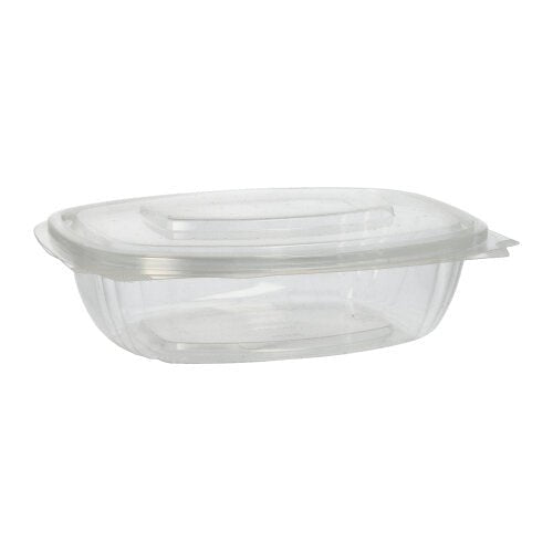 Cele 50 de boluri pentru delicatese și salate cu capace rabatabile, PLA „pure“ clar de la PAPSTAR GmbH sunt recipiente alimentare clare, dreptunghiulare, compostabile, cu capac rabatabil, fabricate din PLA ecologic și prezentate pe un fundal simplu alb.