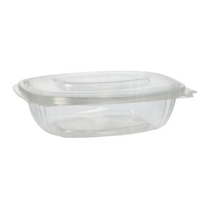 Cele 50 de boluri pentru delicatese și salate cu capace rabatabile, PLA „pure“ clar de la PAPSTAR GmbH sunt recipiente alimentare clare, dreptunghiulare, compostabile, cu capac rabatabil, fabricate din PLA ecologic și prezentate pe un fundal simplu alb.